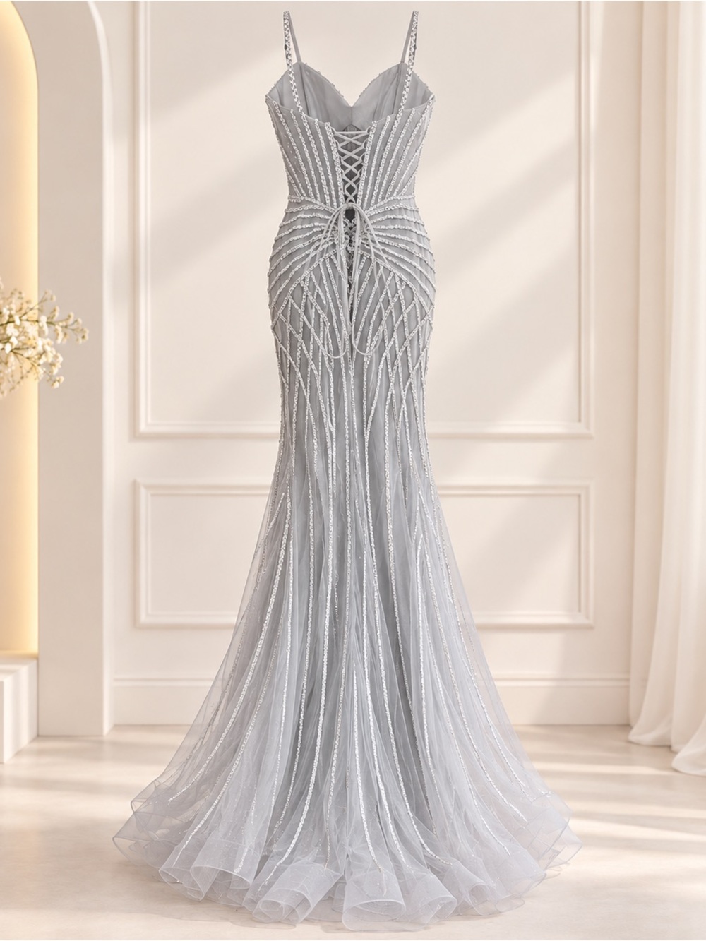 Silver Beaded Mermaid Evening Gown Formal Holiday Christmas NYE Party Dress - Picture 7 of 8